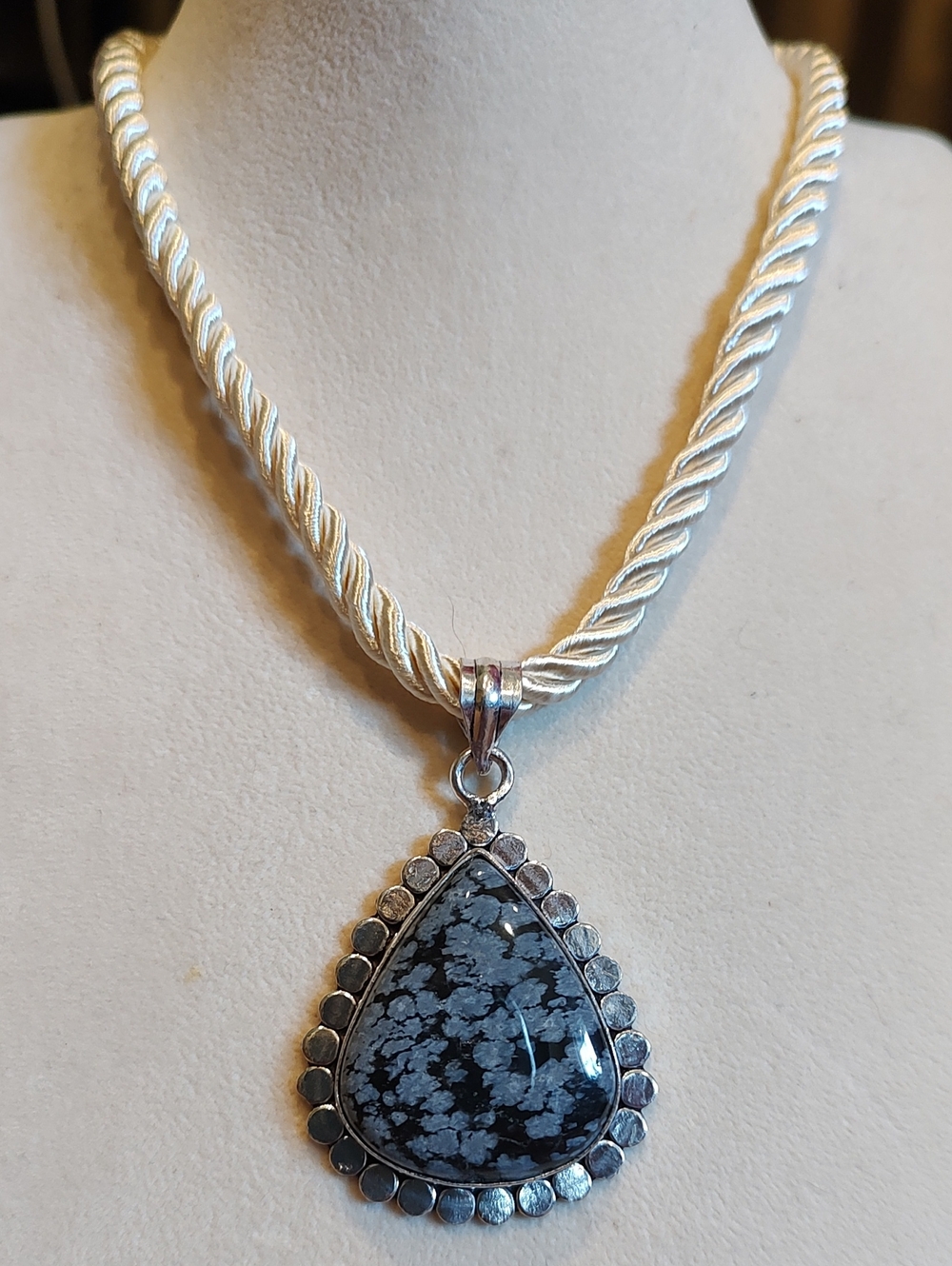 Snowflake Obsidian Silver Pendant With Woven Poly Twisted Cord Necklace